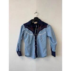 Vintage Kennington Shirt Boys 10 Blue Western Pearl Snap Long Sleeve 60s